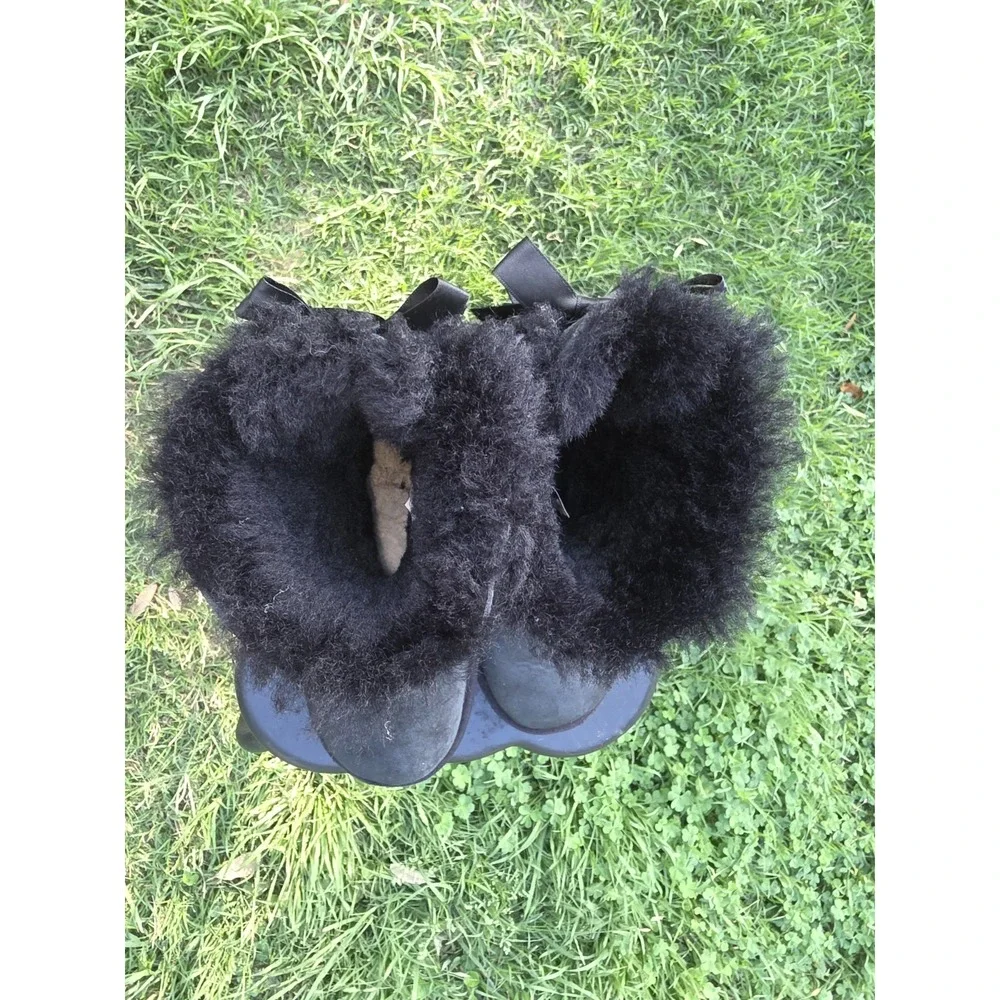 UGG Bailey Bow II Black Suede Sheepskin Boots Double Ribbon Back 1016225